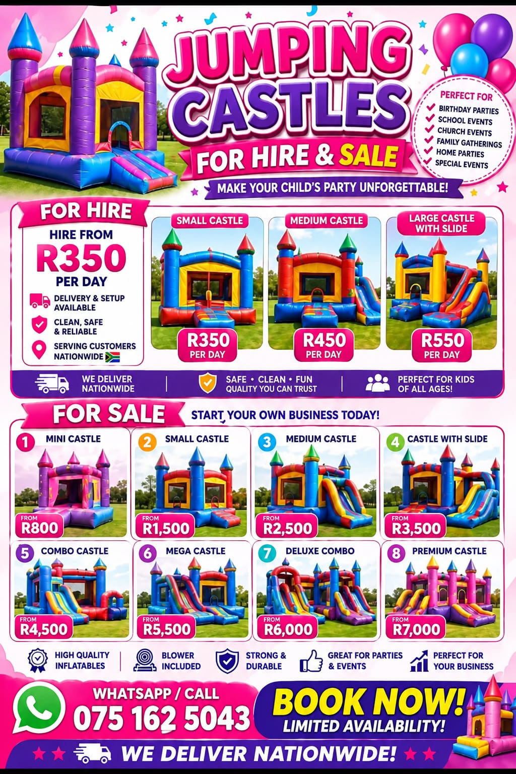 Jumping Castles for Hire & Sale – Various sizes and delivery available
